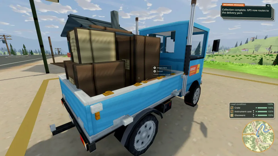 A mini tray truck loaded with stacked physical cargo at a collection yard.