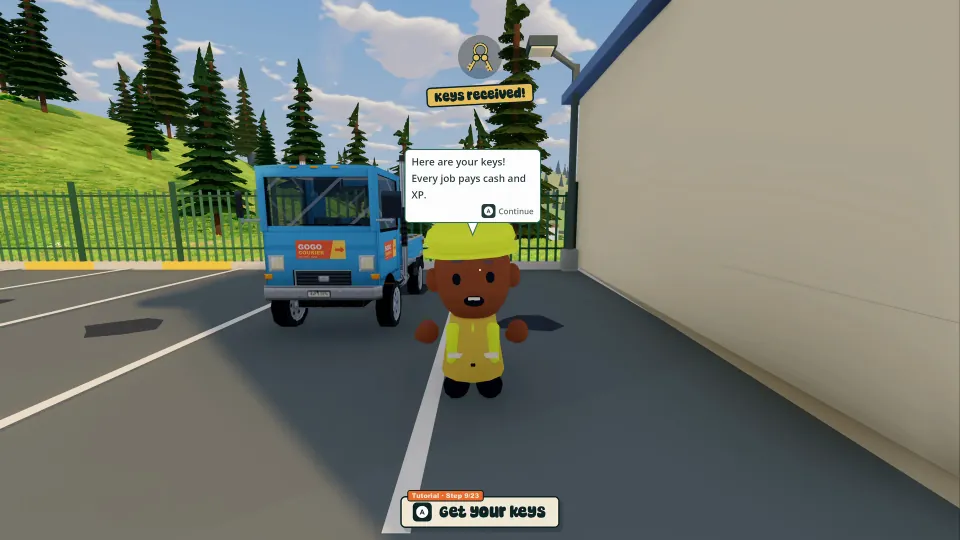 The depot manager hands over the keys beside the player’s first delivery truck.