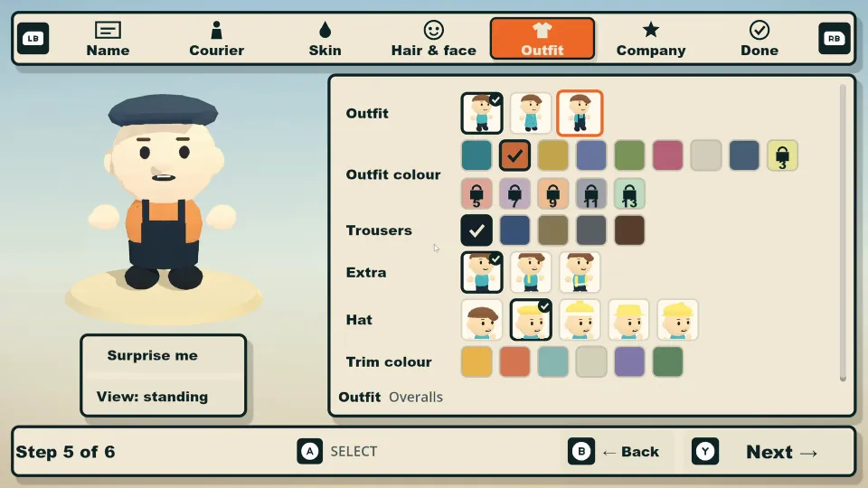 Customising the courier’s outfit, colours and accessories in the character creator.