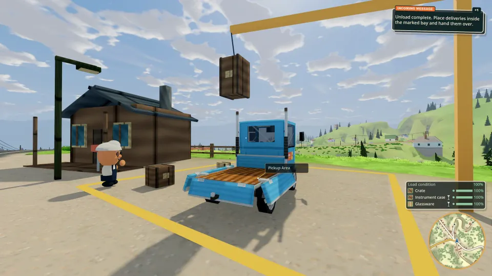 A yard hoist lifts a crate onto the delivery truck.