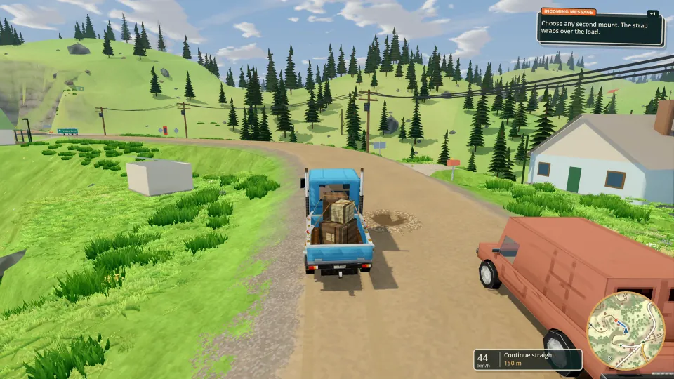 Passing local traffic with a strapped load on a rural delivery route.