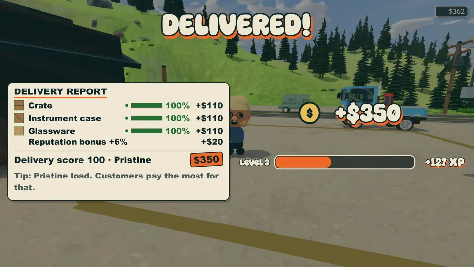 A completed delivery report awards cash, reputation and experience.