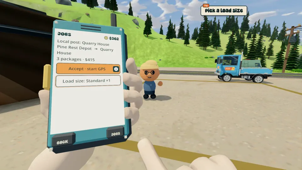Choosing the next delivery contract on the in-game phone.