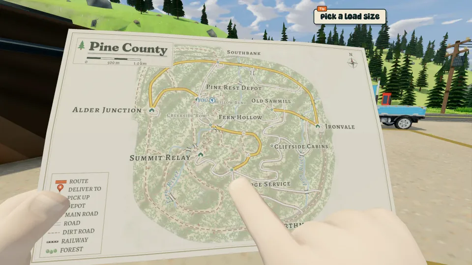 Consulting the paper map of Pine County beside the parked truck.