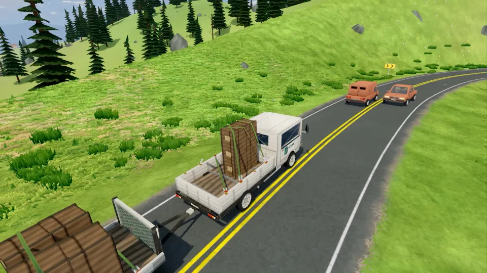 A white truck pulling a trailer of timber along a winding country road.