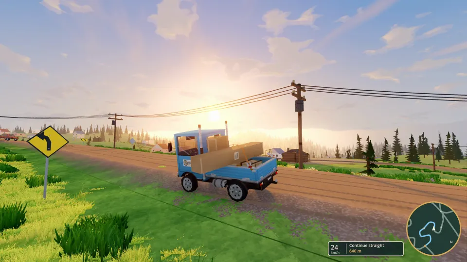 A small truck carrying parcels along a country road at sunset.
