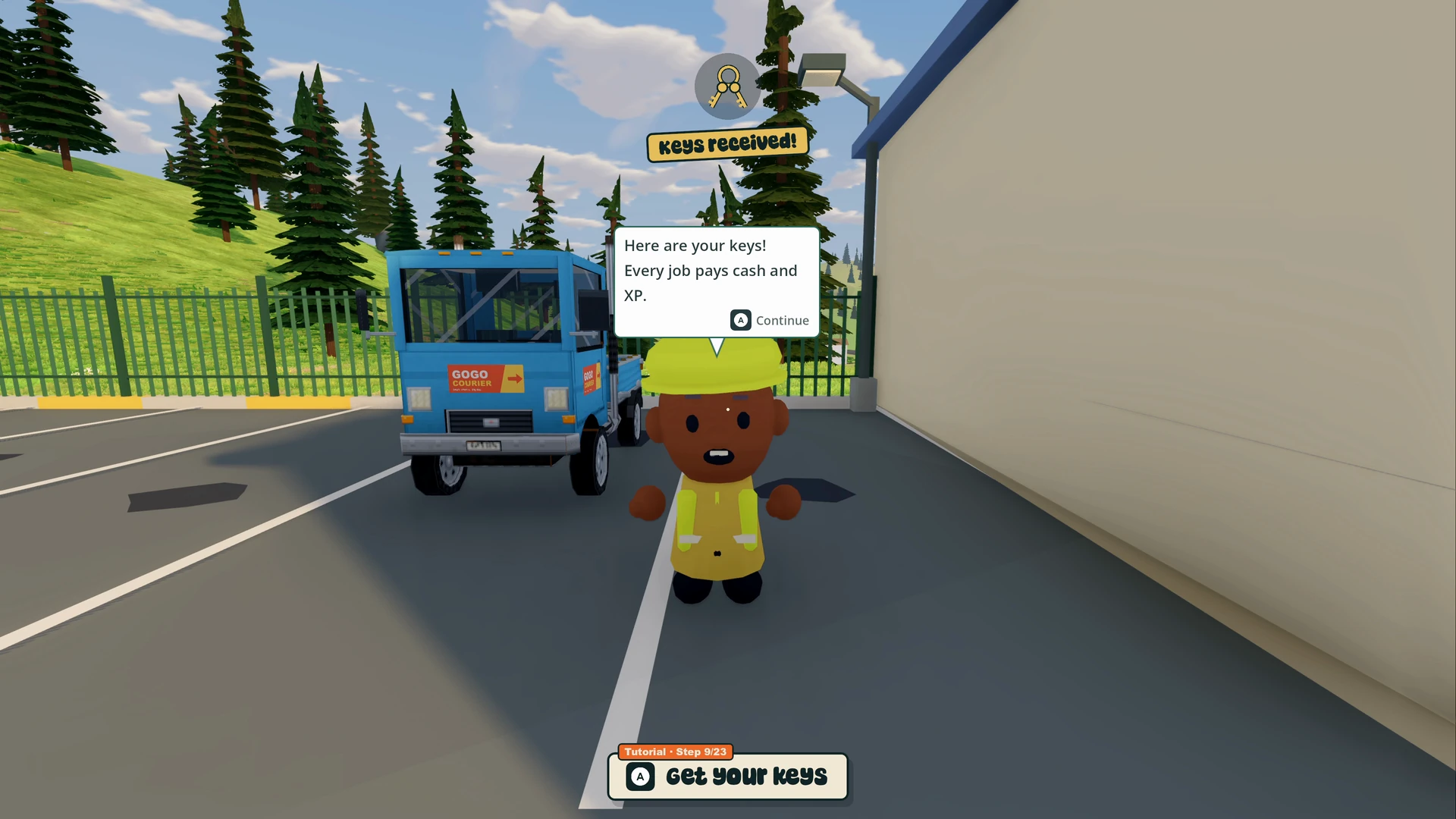 The depot manager hands over the keys beside the player's first delivery truck.