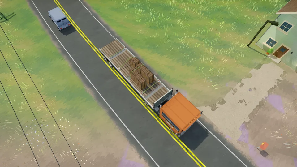 Aerial view of a truck hauling timber along a highway with traffic alongside.