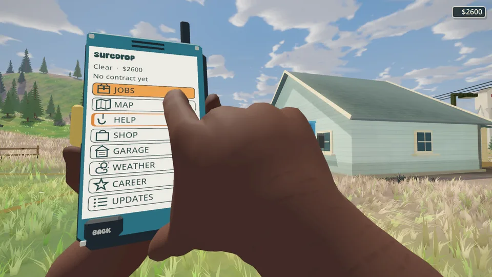 First-person view holding the in-game phone showing the delivery job list.