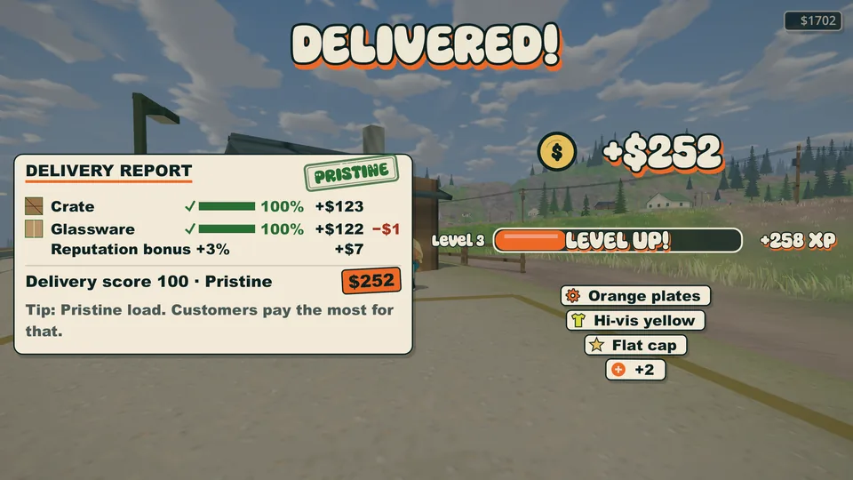 Delivery results screen showing pay, parcel count and driving scores.