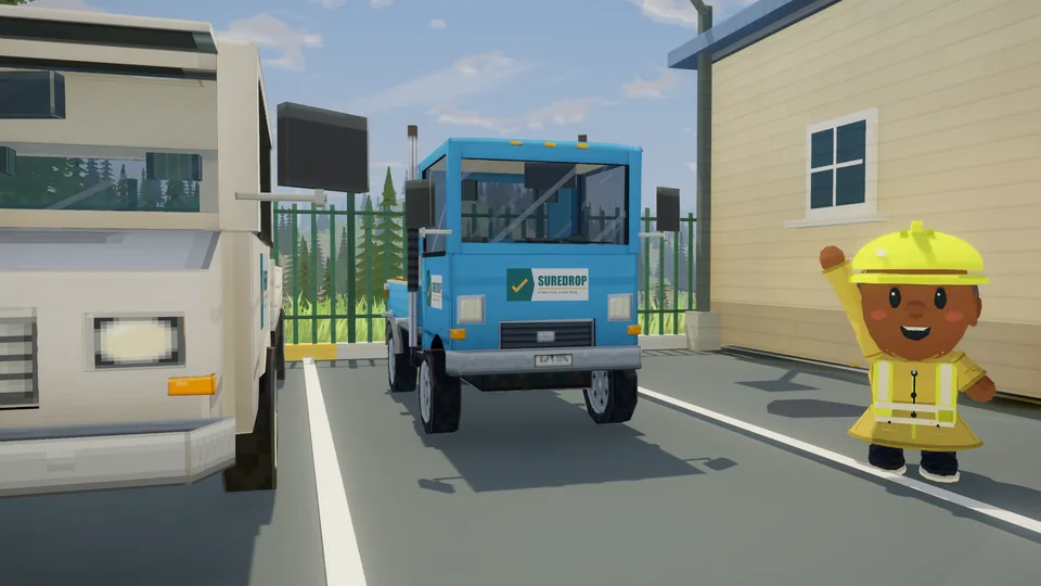 A blue SureDrop truck at the depot gate with a worker in a yellow raincoat waving.