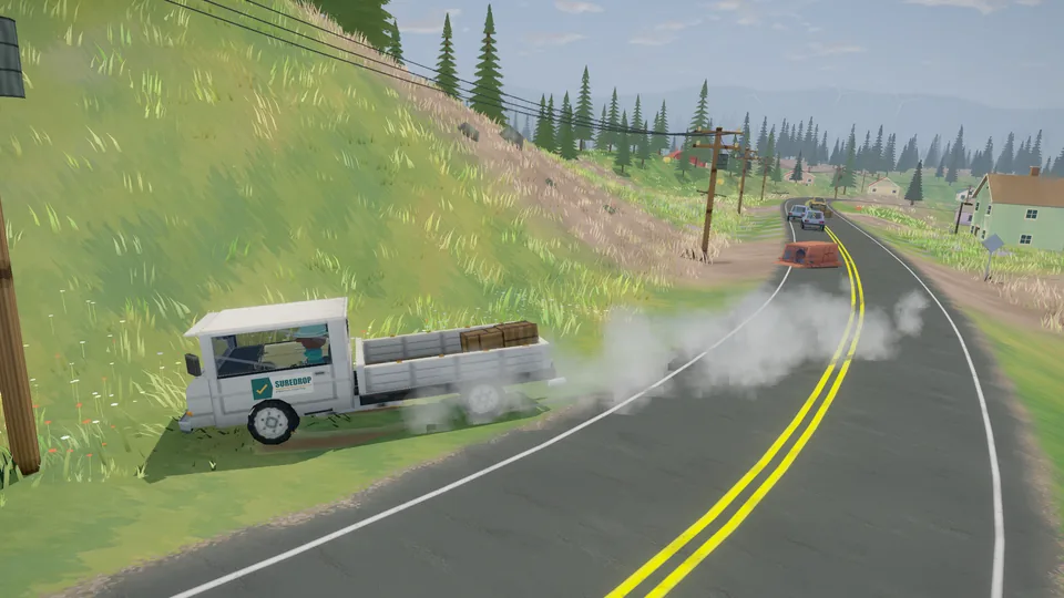 A truck tipped at a bend with dust rising and parcels spilled across the road.
