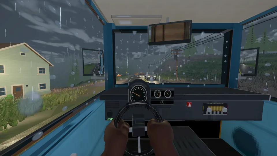 Cockpit view at night through a rain-covered windscreen with the dashboard lit.