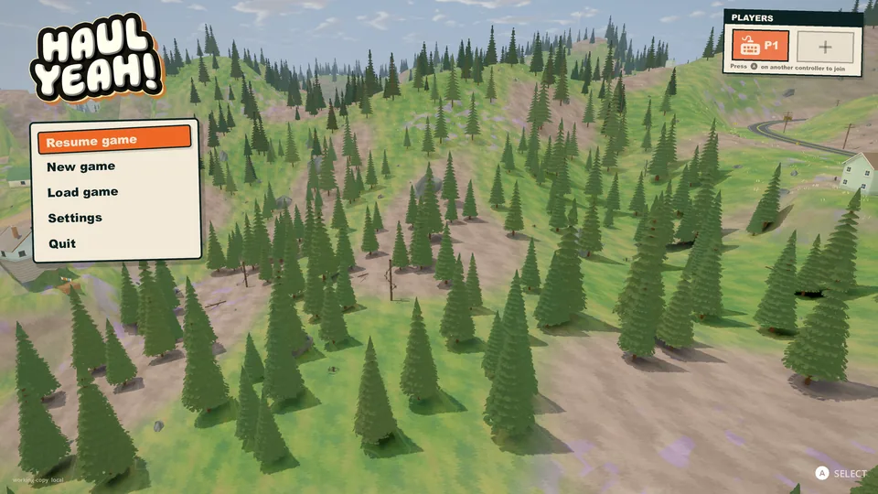 Pause menu over a forested valley with the Haul Yeah! logo.