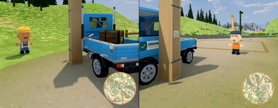 Two-player split-screen: two couriers loading their trucks at the depot.