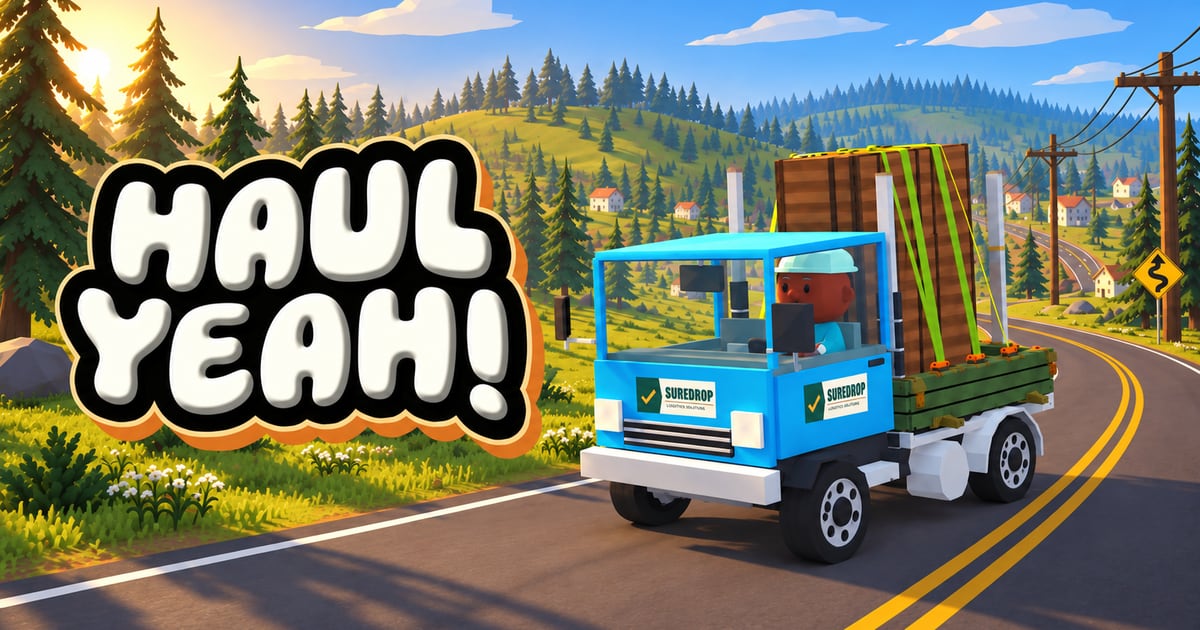 Haul Yeah! key art: a blue delivery truck on a mountain road with cargo strapped to the tray.