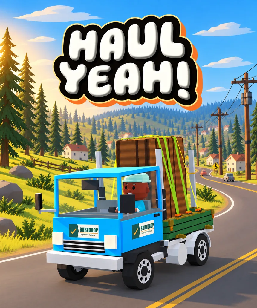 Haul Yeah! poster art: the blue delivery truck rounding a bend with its load strapped down.